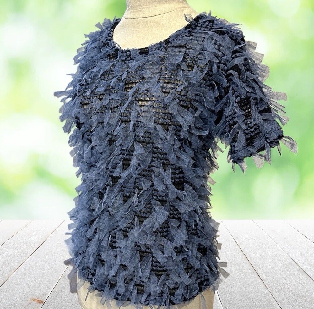 New BLU PEPPER Stretch Mesh Fringe Top 3D Textured Sheer Layered Blue Size L